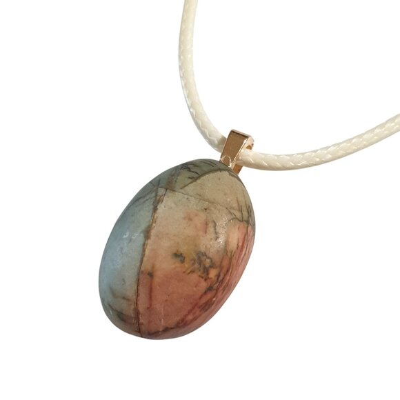 Natural Jasper Stone Pendant Necklace Adjustable Leather Cream Cord Beach Core - Picture 5 of 6